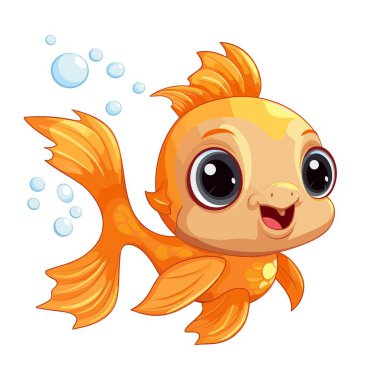 Sevimli bir Japon balığı karikatürü baloncukların yanında mutlu bir şekilde yüzer. Balık turuncudur ve büyük gözleri, küçük bir ağzı ve beyaz arka planda ayrıntılı yüzgeçleri vardır..