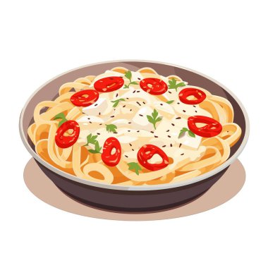 Bir kase kremalı makarna sunulur, dilimlenmiş domatesler, taze maydanoz ve bir tutam siyah susam tohumuyla süslenir. Yemek sanatsal olarak sergileniyor, yemeye hazır..