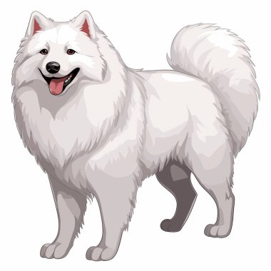 Mutlu, çizgi film tarzı, beyaz Samoyed köpeği ayakta ve gülümsüyor. Köpeğin tüylü bir kuyruğu ve pembe bir dili var. Köpek bu portrede mutlu ve arkadaş canlısı görünüyor..