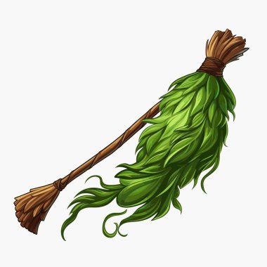 Kaprisli bir süpürge sergileniyor. Üstte ve altta bağlı dallar ve ortadan akan yeşil yapraklar yer almaktadır. Doğayı seven bir sihirbaz için mükemmel görünüyor..