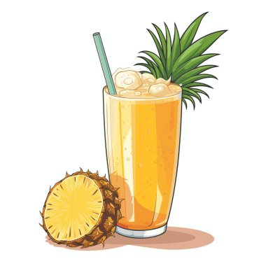 Uzun bir bardakta soğuk ananas suyu var. İçecekte buz ve pipet var. Bir ananasın yarısı camın yanında durur. İçkiyi süsleyen yapraklar..