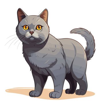 Sarı gözlü gri bir kedi açık bir yüzeyde duruyor. Kedi kuyruğunu hafifçe kaldırarak ileriye bakıyor. Kedi çizgi film stilidir ve belirli özelliklere sahiptir..