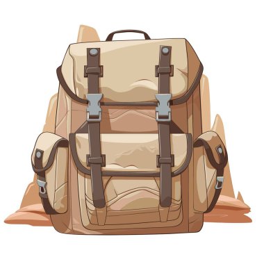 Cepleri, kayışları ve tokaları olan bronzlaşmış bir sırt çantası. Arka planda kumlu çöl kayaları var. Yürüyüş teması öneriliyor..