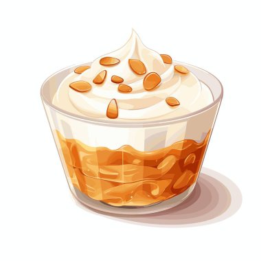 Temiz bardakta beyaz krema ve küçük badem parçaları serpiştirilmiş kahverengi tabanlı bir tatlı var. Tatlı, hafif ve yemeye hazır görünüyor..