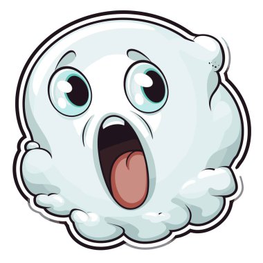 Bir çizgi film hayaleti geniş bir ağzı, yuvarlak gözleri ve korkmuş bir yüz ifadesiyle havada süzülür. Hayalet beyaz, pembe dilli ve siyah çizgili..