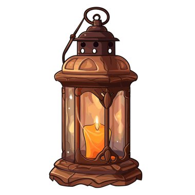 Dekoratif bir kahverengi fener yanan sarı bir mumu barındırır. Fenerin cam kenarları ve süslü bir tabanı var. Mum içten gelen sıcak, parlak bir parıltı sağlar..