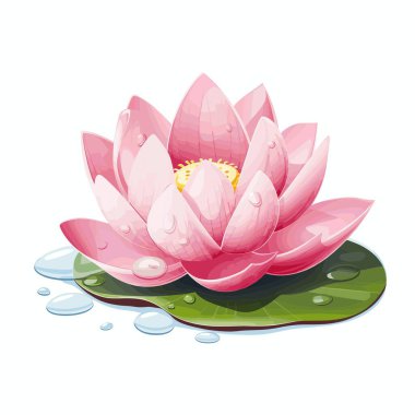 Narin, açık pembe nilüfer çiçeği sarı bir merkez ve yeşil yaprakla gösterilir. Su damlacıkları yapraklara ve yapraklara yapışıp taze ve huzurlu bir görünüm yaratırlar..