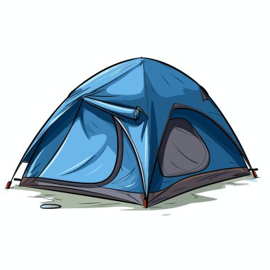 Mavi bir çadır kamp gezisi için hazır. Açık hava macerası için kullanılmak üzere yere bırakıldı. Bir tarafında pencere, diğer tarafında kapı var..