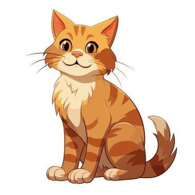 Turuncu kürklü ve koyu turuncu çizgili bir çizgi film kedisi dik oturur. Kabarık bir göğsü ve açık turuncu bir burnu var. Hayvan mutlu bir ifadeyle ileriye bakıyor..