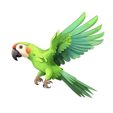 Kırmızı tüylü açık yeşil bir papağan uçuyor. Kanatları açılır, pençeleri açılır. Arkaplan beyaz.