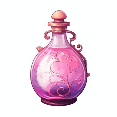 Süslü cam bir şişe pembe bir sıvıyla doludur. Şişe gül sarısı aksanıyla süslenmiş ve cam yüzeyine ince bir çiçek deseni kazınmış..