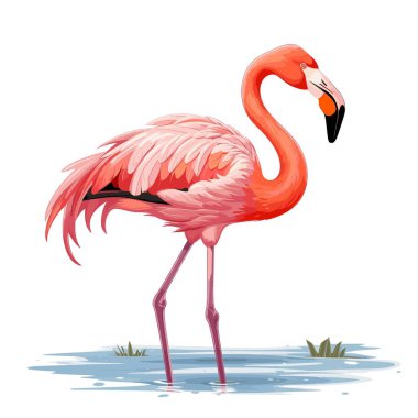 Uzun, pembe bir flamingo, çimenli sığ mavi sularda duruyor. Kuşun kendine özgü kıvrımlı bir boynu ve siyah ve turuncu bir gagası vardır. Tüyleri pembe ve turuncu karışımdır..