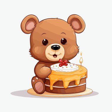 Bir çizgi film ayısı oturur ve elinde fiyonk ve mumla katmanlı bir doğum günü pastası tutar. Pastanın üstünde karamel ve renkli şekerlemeler var. Arkaplan düz beyaz.