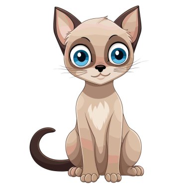 Büyük mavi gözleri ve kahverengi işaretli bir çizgi film stili Siyam kedisi yüzünde hafif bir gülümsemeyle dik oturuyor. Kedinin kıvrık bir kuyruğu var..