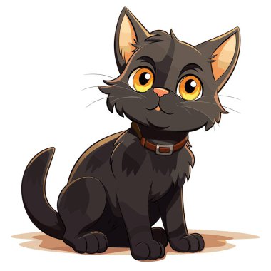 Beyaz arka planda oturan turuncu gözlü siyah bir kedinin karikatür tarzı çizimi. Kedi kahverengi bir yaka takar ve küçük bir gülümsemeyle ileriye bakar..
