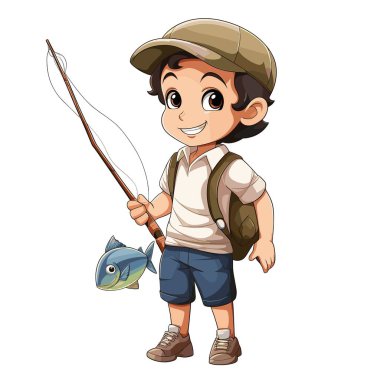 Şapka ve sırt çantası takan mutlu bir çizgi film çocuğu tuttuğu oltayla yakaladığı balığı tutuyor. Çocuk gülümsüyor ve balık avlama macerasına hazır..