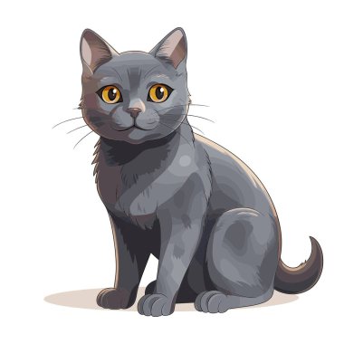 Düz gri kürklü çizgi film kedisi öne doğru oturur. Parlak sarı gözleri ve küçük pembe bir burnu var. Kedinin kıvrık bir kuyruğu ve sakin bir ifadesi var..