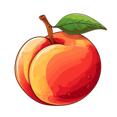 Yakın planda stilize edilmiş şeftali görünüyor. Bu yuvarlak, sulu meyvenin sarı ve kırmızı derisi, kısa bir gövdesi ve yeşil bir yaprağı vardır. Şeftalide küçük damlacıklar da görülebilir..