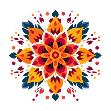 Canlı bir mandala beyaz bir arkaplanda sergilenir. İllüstrasyonda radyal simetriye ve sıcak renklere sahip çiçekler yer alıyor. Turuncu, kırmızı ve sarı renkler çiçek tasarımını oluşturur..