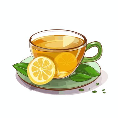 Şeffaf bir fincan çay yeşil bir fincan üzerinde. Limon dilimleri çayın içinde yüzer. Yeşil yapraklar fincanın tabanında, ve yeşil damlalar da çay tabağında..