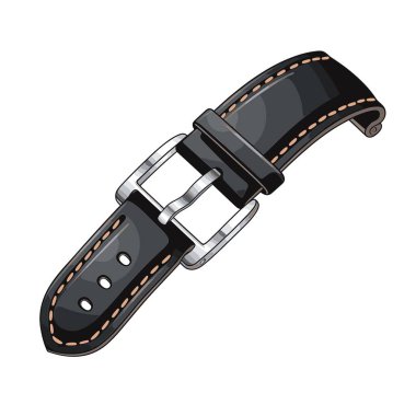 Gri tokalı, şık, parlak, siyah bir saat askısı. Kayış, rahat bir uyum için dikiş detaylarını ve ayarlama deliklerini içeriyor.