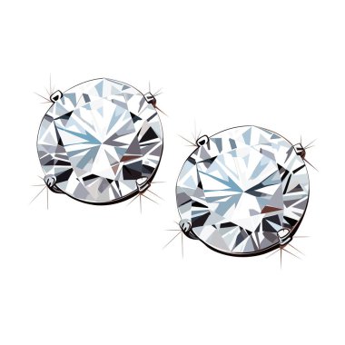 Bir çift yuvarlak, parlak kesimli elmas küpe parıltısı. Küpeler çok değerli bir metalden yapılmış ve beyaz bir arka planda sergileniyor..