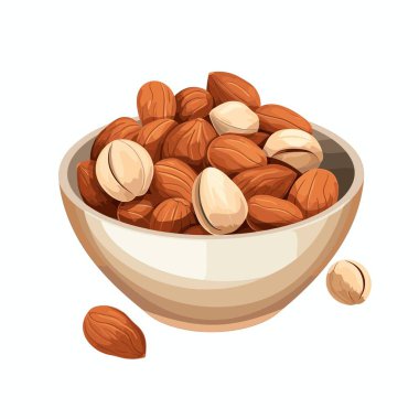 Bej bir kase fındık ve fındık dolu. Bir fındık ve bir macadamia fındığı sade beyaz arka planda kasenin yanında oturuyorlar..