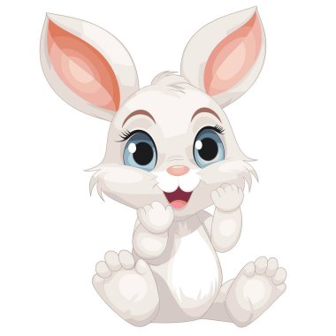 Sevimli beyaz tavşancık, ön pençeleri yüzüne yakın bir şekilde dik oturur. Çizgi film tavşanı beyaz arka planda büyük mavi gözleriyle mutlu bir şekilde gülümsüyor..