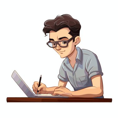 Gözlüklü genç bir adam ahşap bir masada oturuyor ve bir dizüstü bilgisayara kalem kullanıyor. Evde ya da bir ofiste işine odaklanmış görünüyor..