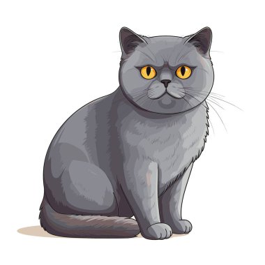 Gri bir İngiliz Shorthair kedisi oturur ve doğrudan izleyiciye bakar. Kedinin çarpıcı sarı gözleri, kısa bir kuyruğu ve huysuz bir ifadesi var..