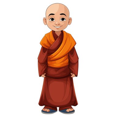 Genç, kel bir Budist keşiş gülümsüyor. Geleneksel turuncu ve kahverengi bir bornoz ve sandalet giyiyor. O sabit bir pozisyonda dururken elleri yanındadır..
