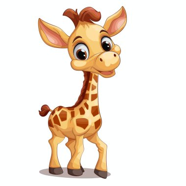 Beyaz arka planda şirin bir zürafa duruyor. Hayvan gülümsüyor. Büyük gözleri ve küçük boynuzları görünür. Kahverengi benekleri ve küçük bir kuyruğu var..