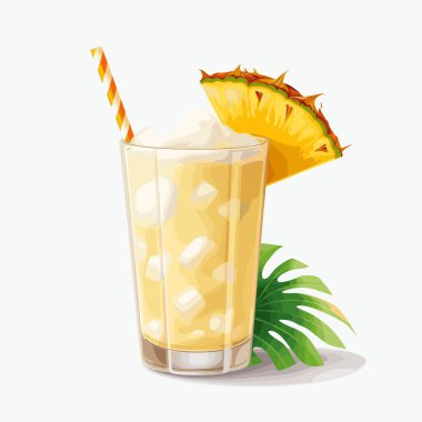 Büyük yeşil bir yaprağın yanında pina colada ve pipet bulunan uzun bir cam. Bir ananas dilimi camı süslüyor. Buz küpleri tropikal içeceği doldurur..
