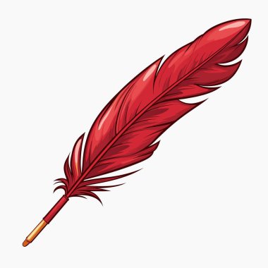 Tek bir kırmızı tüy gösteriliyor. Kullanılmaya hazır bir tüy kalem. Tüyün güzel bir parlaklığı var ve beyaz bir arka planda izole edilmiş..