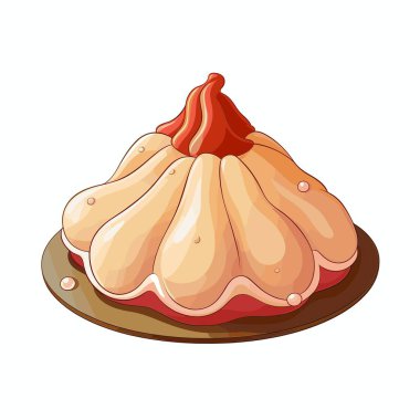 Karikatür çizimi. Karamel soslu kahverengi bir tabağın üzerinde turta var. Pasta ve tabakta küçük inci süslemeler var..