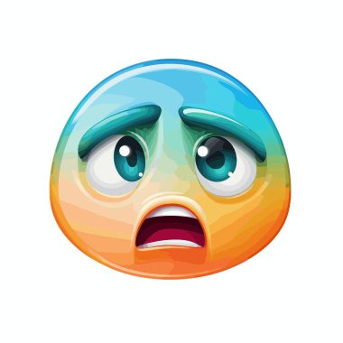 Yüzünde endişeli bir ifade olan renkli, yuvarlak bir ifade. Emojinin geniş gözleri, çatık kaşları ve şoku ya da korkuyu ifade eden açık bir ağzı vardır. Renkler mavi, sarı ve turuncunun tonlarıdır..