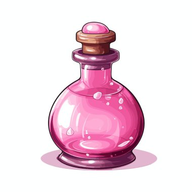 Küçük bir cam şişede pembe bir iksir ve kabarcıklar var. Şişenin kahverengi bir mantarı ve pembe mücevher gibi bir üstü var. Işık sıvının içinden parlıyor..