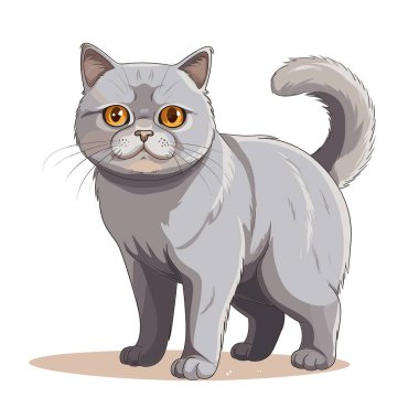 Bir çizgi film karakteri İngiliz Shorthair kedisi kuyruğunu kıstırıp öne bakıyor. Kedinin gri kürkü ve büyük turuncu gözleri var. Beyaz bir arka planda..