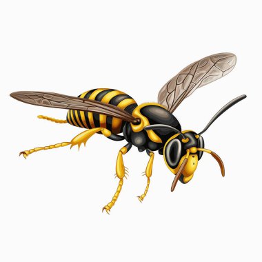 Bir çizgi film sarı ve siyah eşekarısı uçuyor. Eşek arısının ayrıntılı kanatları ve bacakları vardır. Arkaplan beyaz ve eşek arısı açıkça görülüyor..