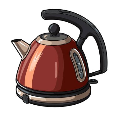 Kırmızı bordo bir çaydanlık üste duruyor. Siyah bir sapı ve küçük gümüş bir ağzı var. Su seviyesini göstermek için su ısıtıcısının penceresi var..