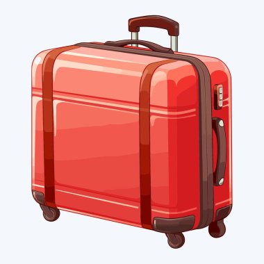 Kahverengi süslemeli ve kayışlı canlı kırmızı bir bavul dik duruyor, yolculuğa hazır. Bagajda geri çekilebilir bir kol, yan kol, kilit kombinasyonu ve tekerlekler var..