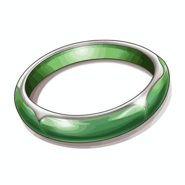 Pürüzsüz, yeşil bir bilezik beyaz bir yüzeyde duruyor. Bileziğin kenarlarında gümüş renkli bir süs var. Yüzey aydınlık, bir stüdyo ortamını işaret ediyor..