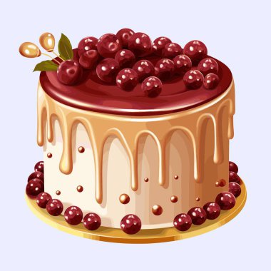 Lezzetli bir pasta gösteriliyor. Üzerinde kirazlar ve kirazlarla süslenmiş altın karamel şekerlemeleri olan karamel kaplı beyaz bir pasta..