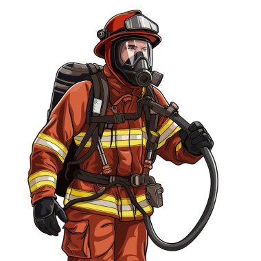 Tam koruyucu giysili ve kırmızı üniformalı bir itfaiyeci. O bir kask ve maske takıyor. İtfaiyecinin elinde siyah bir hortum ve sırt çantası var..