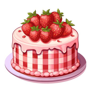 Çilekle süslenmiş yuvarlak bir pasta tabakta duruyor. Damlama efektli pembe krema ve kenarlarında kırmızı-beyaz kareli desen var..