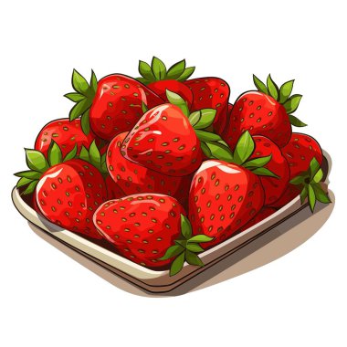 Yeşil saplı birkaç parlak kırmızı çilek kare, açık renkli bir tabakta üst üste yığılmıştır. Resimde kalın siyah çizgileri olan bir çizgi film tarzı var..