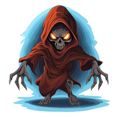 Parlayan gözleri ve kafatası suratlı bir ölüm figürü tasviri. Kırmızı kapüşonlu bir bornoz giyiyor ve elleri açık mavi bir arka plana uzanıyor..