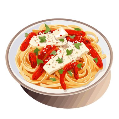 Bir porsiyon kırmızı biber, Feta peyniri ve taze maydanozla kaplı makarna. Tabak yuvarlak bir tabakta, akşam yemeği veya öğle yemeği için yenmeye hazır..