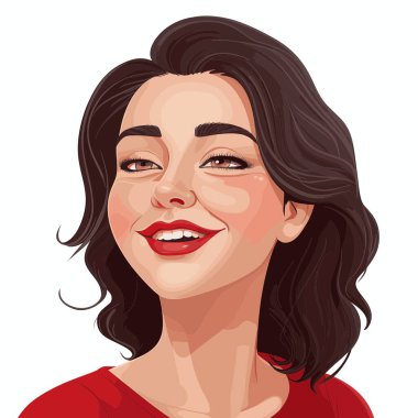 Mutlu bir kadının çizimi. Kahverengi saçlı, kahverengi gözlü ve kırmızı ruj ve kırmızı bir gömlek giyiyor. Açık tenli ve yüzünde geniş bir gülümseme var..