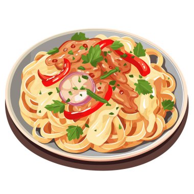 Üzerinde et, kırmızı biber, maydanoz ve soğan bulunan kremalı bir tabak sarı linguine makarna. Lezzetli görünümlü yemek hazır..